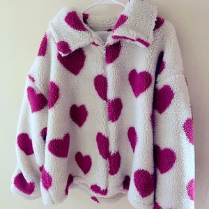 Fuzzy white Jacket with pink hearts